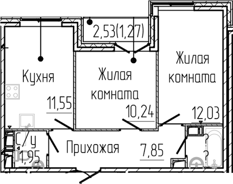 2-комнатная квартира 47.08 м², 5/8 эт., ЖК «SERTOLOVO PARK»